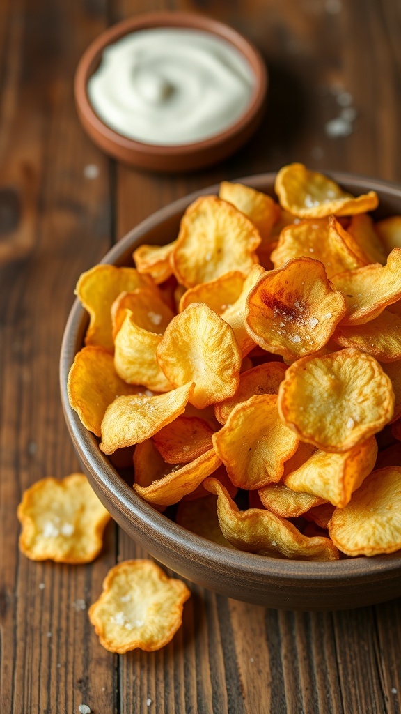 A bowl of golden homemade potato chips with a sprinkle of salt and a dish of dip on a wooden table.